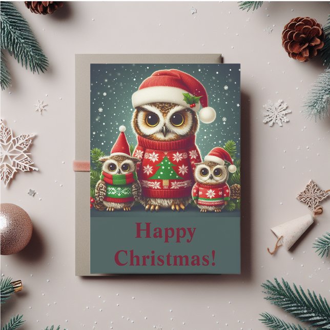 Owl fun holiday card (Cute owls in Christmas sweaters and Christmas hats. You can personalize the message.)