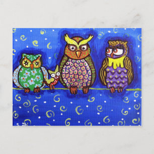 Owl Get Together Fun Folk Art Postcard