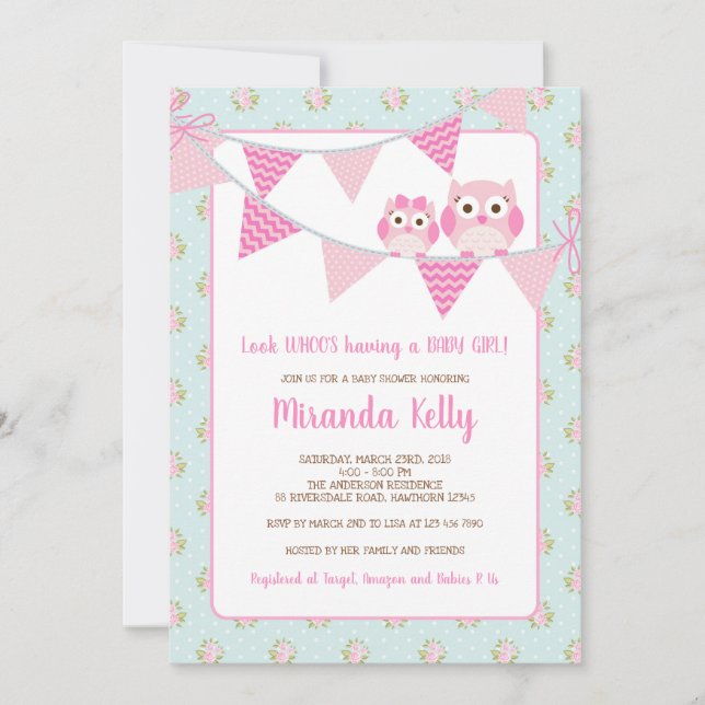 Owl Girl Baby Shower Invitation, Shabby Chic Invitation (Front)