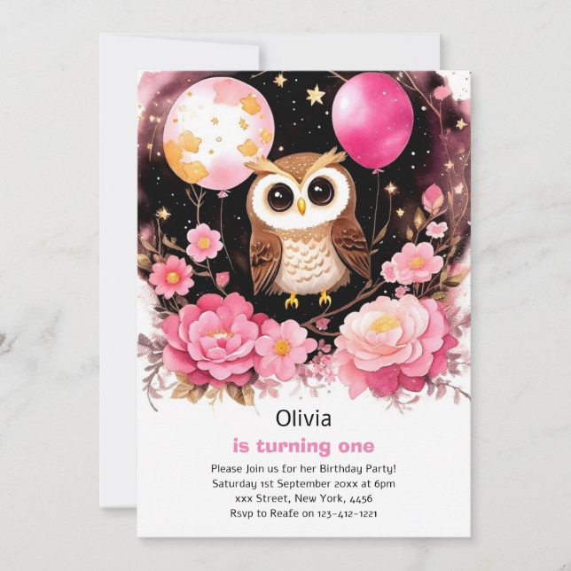 Owl Girl First Birthday Invitation (Front)
