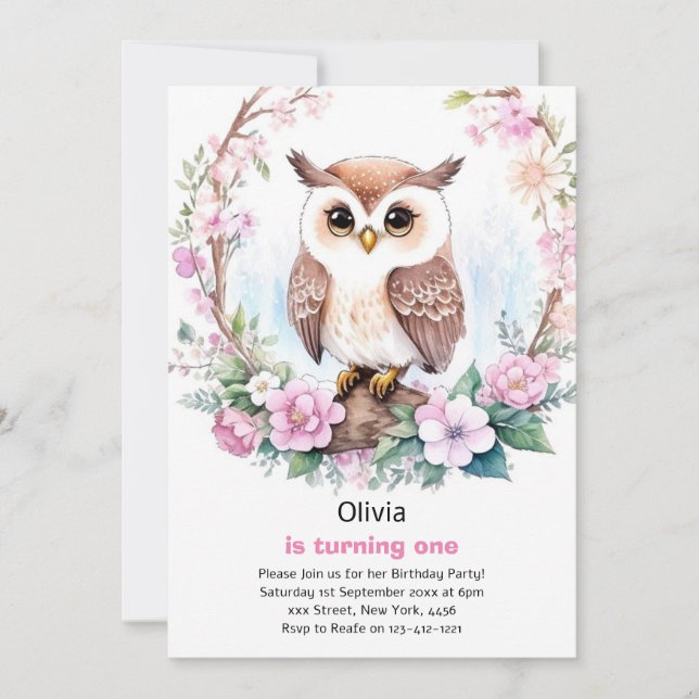 Owl Girl First Birthday Invitation (Front)