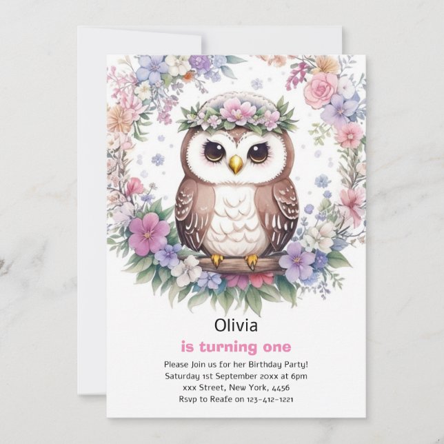 Owl Girl First Birthday Invitation (Front)