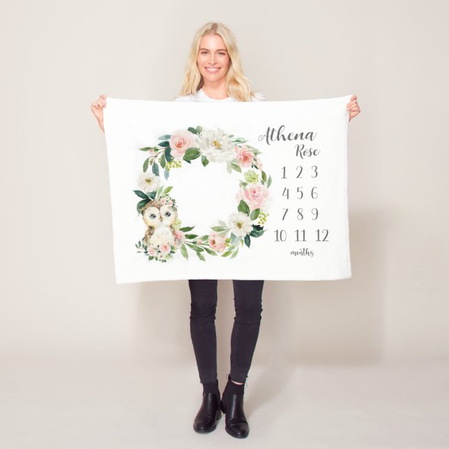Owl Girl Milestone Blanket, Owl Monthly Baby Blank Fleece Blanket (In Situ)