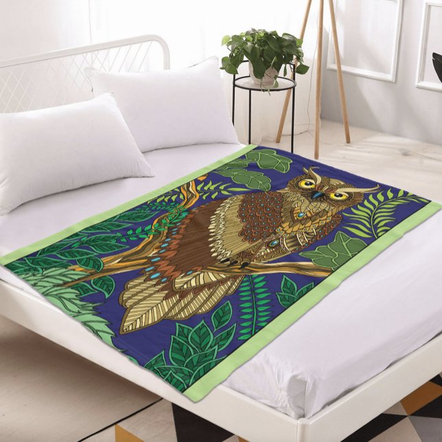 Owl Green Forest Leaves Fleece Blanket (Creator Uploaded)