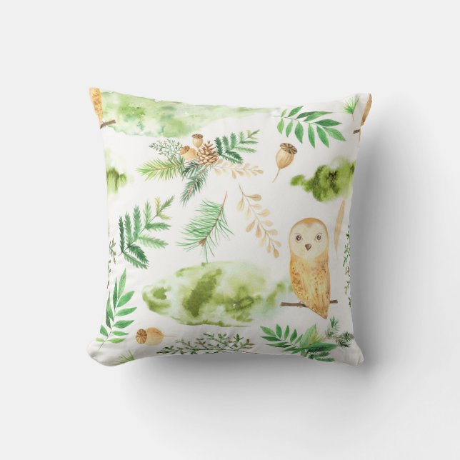 Owl Greenery Watercolor Cushion (Front)