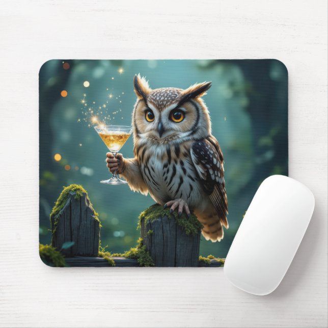 Owl Holding a Cocktail In a Mystical Forest Mouse Mat (With Mouse)