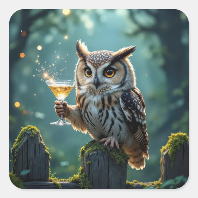 Owl Holding a Cocktail In a Mystical Forest Square Sticker (Front)