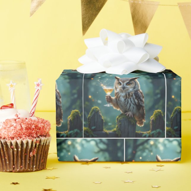 Owl Holding a Cocktail In a Mystical Forest Wrapping Paper (Birthday Party)