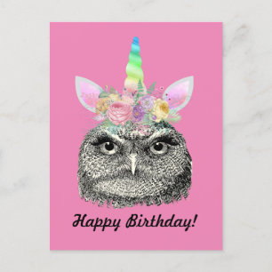 Owl-I-Corn Vintage Unicorn Owl Happy Birthday Pink Postcard