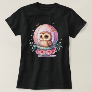 Owl in a Glass Sphere with Pink Flowers and Heart T-Shirt