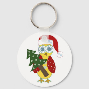 Owl in a Santa Hat with Christmas Tree Key Ring