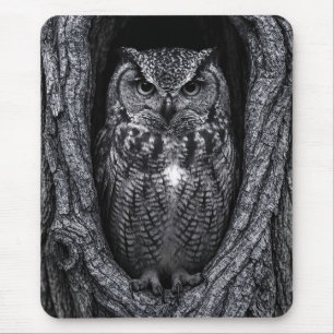Owl in a Tree Hollow Black and White Mouse Mat