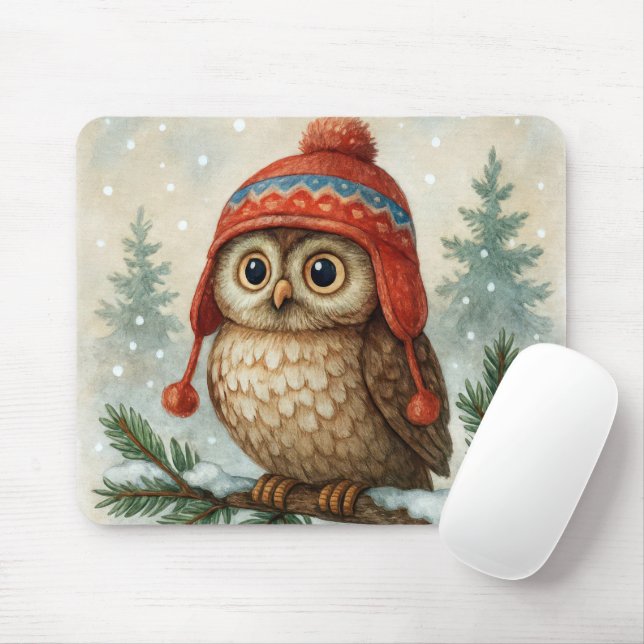 Owl In a Winter Cap Mouse Mat (With Mouse)