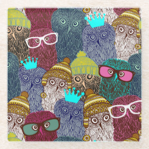 Owl in crown glass coaster