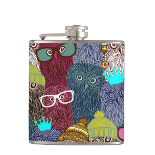 Owl in crown hip flask