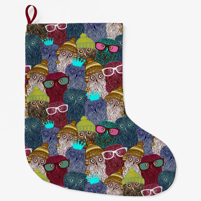 Owl in crown large christmas stocking (Front)