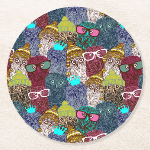Owl in crown round paper coaster