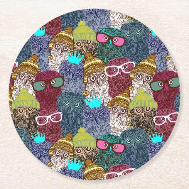 Owl in crown round paper coaster (Front)