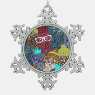 Owl in crown snowflake pewter christmas ornament