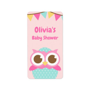 Owl in Egg Pink Baby Girl Shower Party Labels
