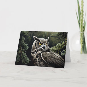 Owl in evergreen forest Christmas card