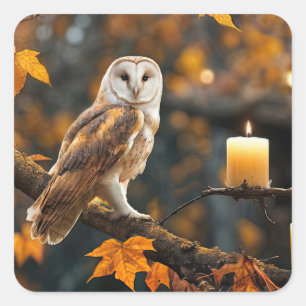 Owl in Fall Foliage and Candle Mystical Square Sticker