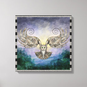 Owl In Flight Over Pine Forest At Dawn Canvas Print