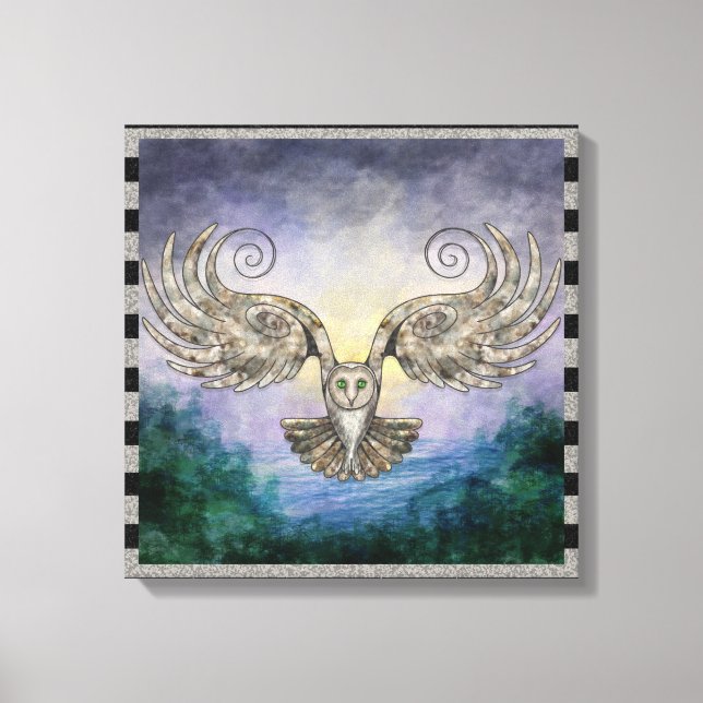 Owl In Flight Over Pine Forest At Dawn Canvas Print (Front)
