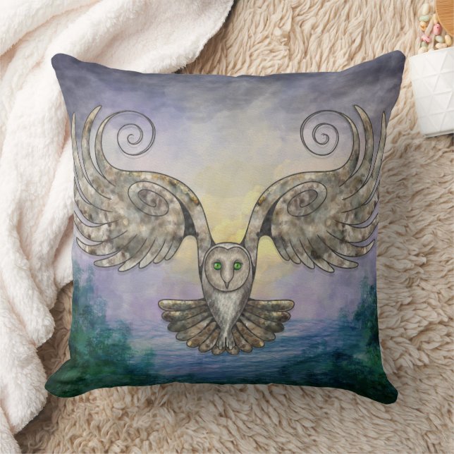 Owl In Flight Over Pine Forest At Dawn Cushion (Blanket)
