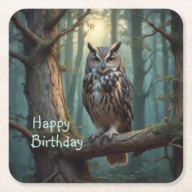 Owl in Magical Forest Square Paper Coaster (Front)