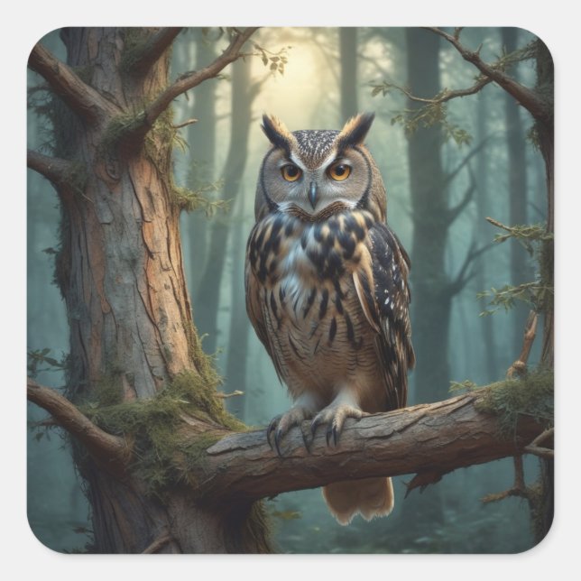 Owl in Magical Forest Square Sticker (Front)