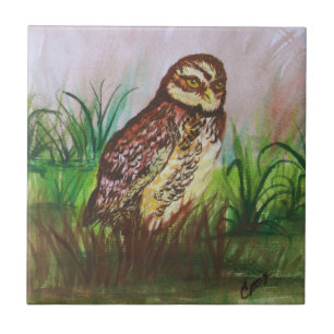 Owl in nature watercolor art tile