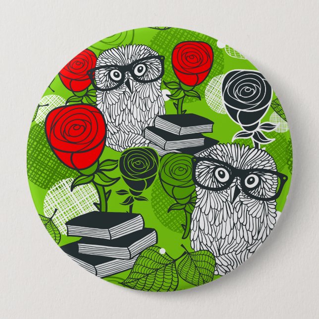 Owl in red roses 10 cm round badge (Front)