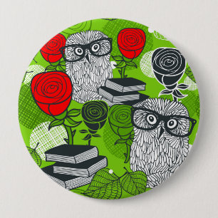 Owl in red roses 10 cm round badge