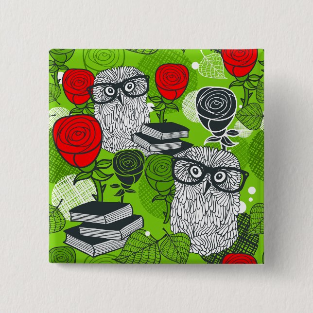 Owl in red roses 15 cm square badge (Front)
