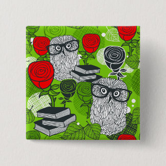 Owl in red roses 15 cm square badge