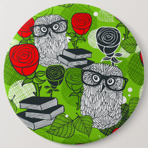 Owl in red roses 6 cm round badge