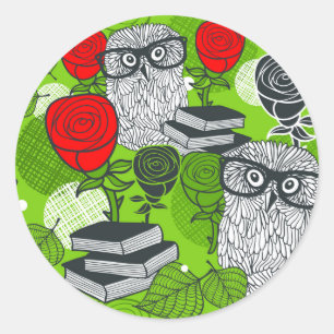 Owl in red roses classic round sticker