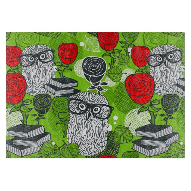 Owl in red roses cutting board (Front)