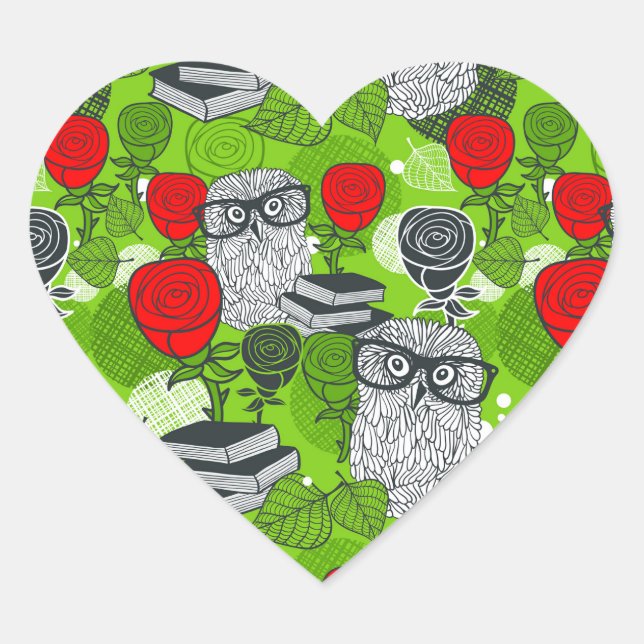 Owl in red roses heart sticker (Front)