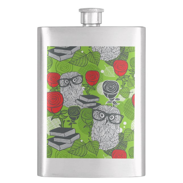 Owl in red roses hip flask (Front)