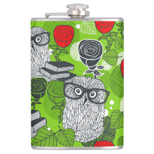 Owl in red roses hip flask