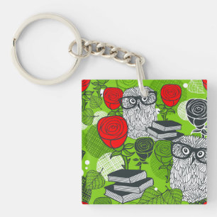 Owl in red roses key ring