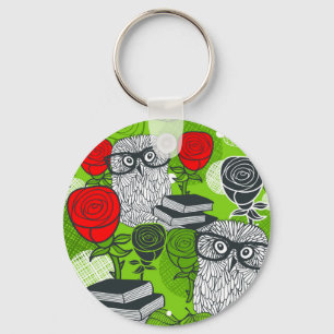 Owl in red roses key ring