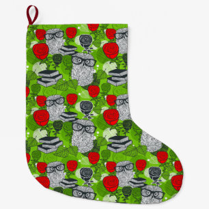 Owl in red roses large christmas stocking