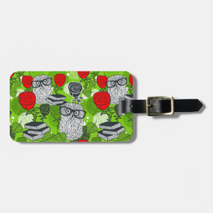 Owl in red roses luggage tag