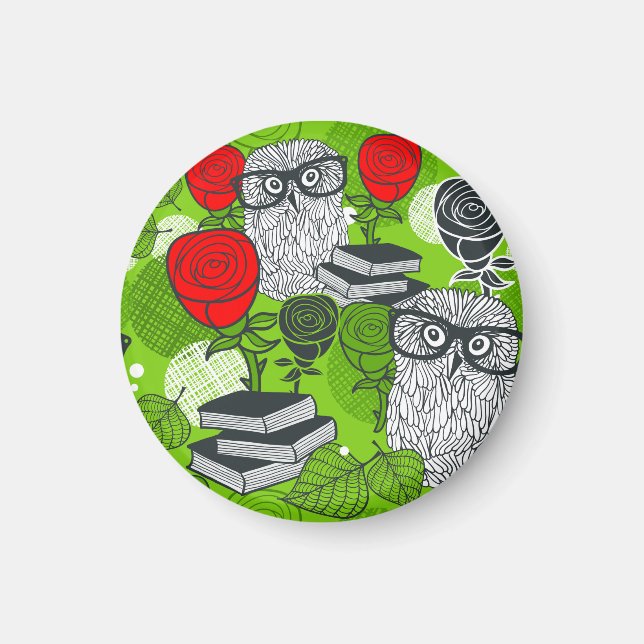 Owl in red roses magnet (Front)