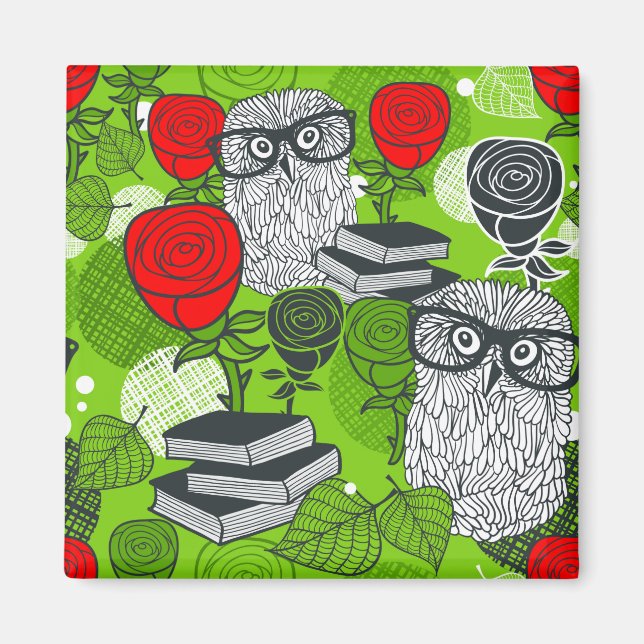 Owl in red roses magnet (Front)