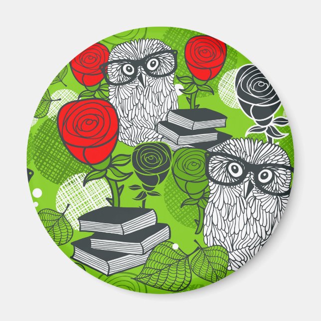 Owl in red roses magnet (Front)