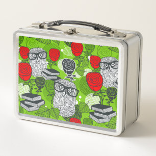 Owl in red roses metal lunch box